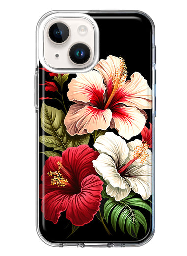 Apple iPhone 15 Plus Pink Red Hibiscus Wild Flowers Floral Hybrid Protective Phone Case Cover