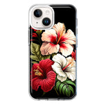 Apple iPhone 15 Plus Pink Red Hibiscus Wild Flowers Floral Hybrid Protective Phone Case Cover