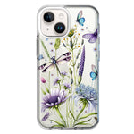 Apple iPhone 15 Plus Lavender Dragonfly Butterflies Spring Flowers Hybrid Protective Phone Case Cover