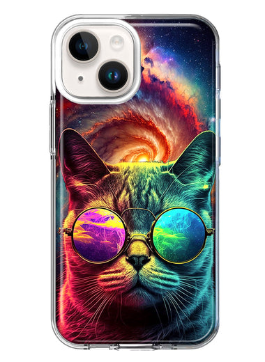 Apple iPhone 15 Plus Neon Rainbow Galaxy Cat Hybrid Protective Phone Case Cover