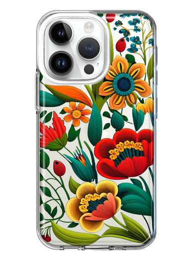 Apple iPhone 14 Pro Colorful Red Orange Folk Style Floral Vibrant Spring Flowers Hybrid Protective Phone Case Cover