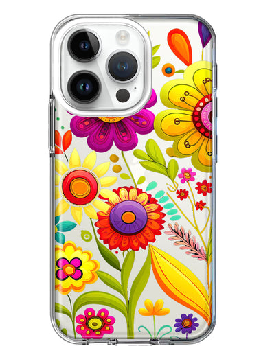 Apple iPhone 14 Pro Colorful Yellow Pink Folk Style Floral Vibrant Spring Flowers Hybrid Protective Phone Case Cover