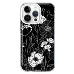 Apple iPhone 14 Pro Line Drawing Art White Floral Flowers Hybrid Protective Phone Case Cover