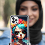 Apple iPhone 15 Pro Max Halloween Spooky Colorful Day of the Dead Skull Girl Hybrid Protective Phone Case Cover