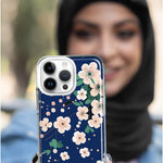 Apple iPhone 15 Pro Max Kawaii Japanese Pink Cherry Blossom Navy Blue Hybrid Protective Phone Case Cover