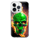 Apple iPhone 14 Pro Green Flaming Skull Burning Fire Double Layer Phone Case Cover