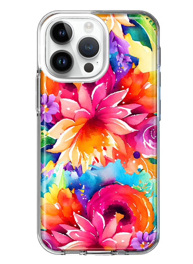 Apple iPhone 14 Pro Max Watercolor Paint Summer Rainbow Flowers Bouquet Bloom Floral Hybrid Protective Phone Case Cover