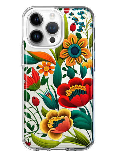 Apple iPhone 14 Pro Max Colorful Red Orange Folk Style Floral Vibrant Spring Flowers Hybrid Protective Phone Case Cover