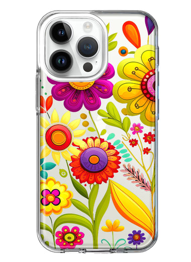 Apple iPhone 14 Pro Max Colorful Yellow Pink Folk Style Floral Vibrant Spring Flowers Hybrid Protective Phone Case Cover