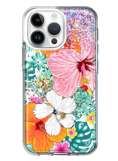 Apple iPhone 15 Pro Max Hawaiian Vibes Hibiscus Flowers Monstera Vacation Summer Hybrid Protective Phone Case Cover