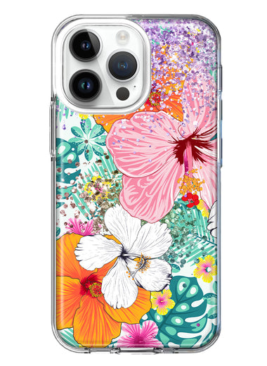 Apple iPhone 15 Pro Hawaiian Vibes Hibiscus Flowers Monstera Vacation Summer Hybrid Protective Phone Case Cover