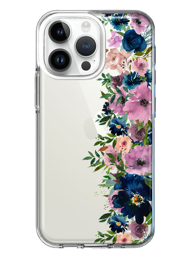 Apple iPhone 15 Pro Max Navy Blue Summer Watercolor Floral Classic Purple Flowers Hybrid Protective Phone Case Cover