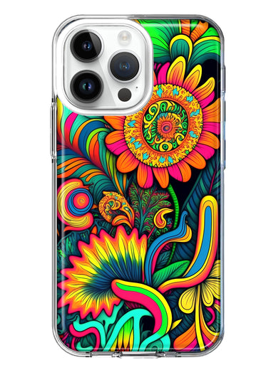 Apple iPhone 14 Pro Max Neon Rainbow Psychedelic Indie Hippie Sunflowers Hybrid Protective Phone Case Cover