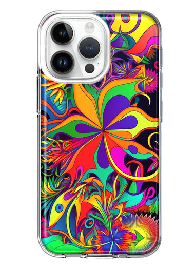 Apple iPhone 15 Pro Max Neon Rainbow Psychedelic Hippie Wild Flowers Hybrid Protective Phone Case Cover