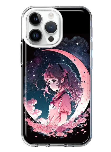 Apple iPhone 15 Pro Kawaii Manga Pink Cherry Blossom Dreaming Moon Girl Hybrid Protective Phone Case Cover