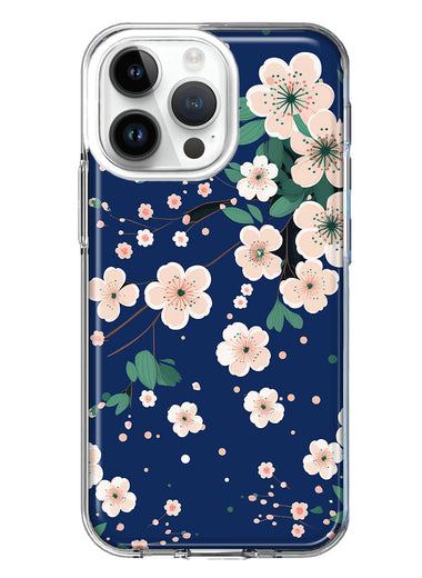 Apple iPhone 15 Pro Kawaii Japanese Pink Cherry Blossom Navy Blue Hybrid Protective Phone Case Cover