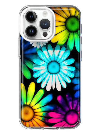 Apple iPhone 15 Pro Neon Rainbow Daisy Glow Colorful Daisies Baby Blue Pink Yellow White Double Layer Phone Case Cover