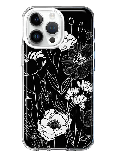 Apple iPhone 14 Pro Max Line Drawing Art White Floral Flowers Hybrid Protective Phone Case Cover