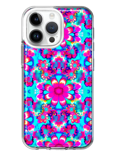 Apple iPhone 15 Pro Max Pink Blue Vintage Hippie Tie Dye Flowers Hybrid Protective Phone Case Cover