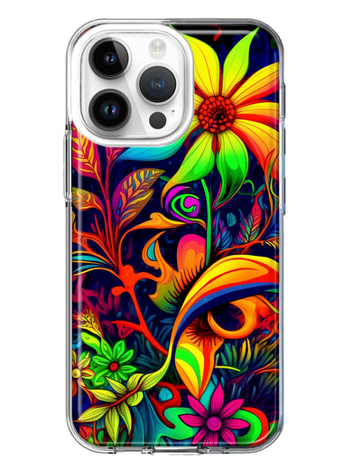 Apple iPhone 14 Pro Max Neon Rainbow Psychedelic Trippy Hippie Daisy Flowers Hybrid Protective Phone Case Cover