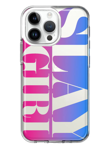 Apple iPhone 15 Pro Pink Blue Clear Funny Text Quote Slay Girl Hybrid Protective Phone Case Cover