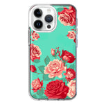 Apple iPhone 14 Pro Max Turquoise Teal Vintage Pastel Pink Red Roses Double Layer Phone Case Cover