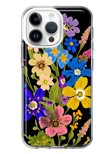 Apple iPhone 14 Pro Max Blue Yellow Vintage Spring Wild Flowers Floral Hybrid Protective Phone Case Cover