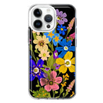 Apple iPhone 15 Pro Max Blue Yellow Vintage Spring Wild Flowers Floral Hybrid Protective Phone Case Cover