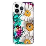 Apple iPhone 15 Pro Colorful Crystal White Daisies Rainbow Gems Teal Double Layer Phone Case Cover