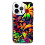 Apple iPhone 14 Pro Neon Rainbow Psychedelic Trippy Hippie Daisy Flowers Hybrid Protective Phone Case Cover