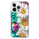 Apple iPhone 14 Pro Colorful Crystal White Daisies Rainbow Gems Teal Double Layer Phone Case Cover