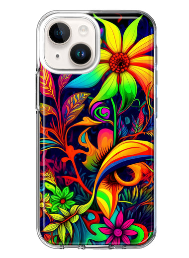 Apple iPhone 14 Neon Rainbow Psychedelic Trippy Hippie Daisy Flowers Hybrid Protective Phone Case Cover