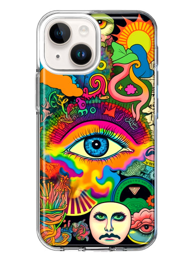 Apple iPhone 14 Plus Neon Rainbow Psychedelic Trippy Hippie Multiple Eyes Hybrid Protective Phone Case Cover