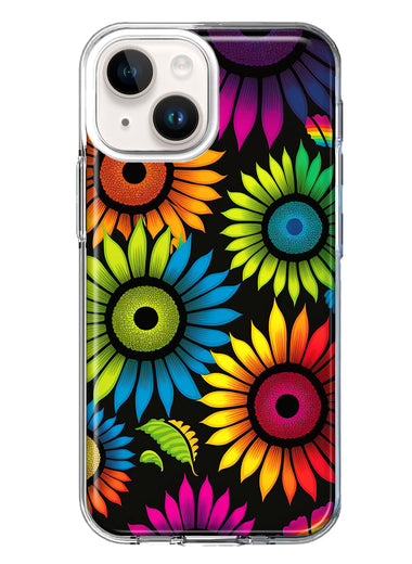 Apple iPhone 15 Plus Neon Rainbow Glow Sunflowers Colorful Floral Pink Purple Double Layer Phone Case Cover