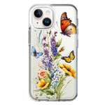 Apple iPhone 14 Yellow Purple Spring Flowers Butterflies Floral Hybrid Protective Phone Case Cover