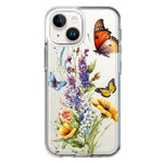 Apple iPhone 15 Plus Yellow Purple Spring Flowers Butterflies Floral Hybrid Protective Phone Case Cover