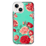 Apple iPhone 14 Turquoise Teal Vintage Pastel Pink Red Roses Double Layer Phone Case Cover