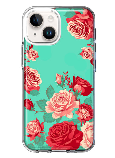 Apple iPhone 15 Plus Turquoise Teal Vintage Pastel Pink Red Roses Double Layer Phone Case Cover