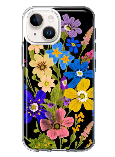 Apple iPhone 15 Plus Blue Yellow Vintage Spring Wild Flowers Floral Hybrid Protective Phone Case Cover
