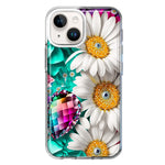 Apple iPhone 14 Colorful Crystal White Daisies Rainbow Gems Teal Double Layer Phone Case Cover