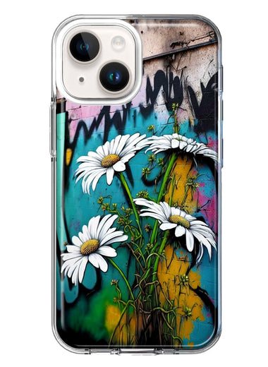 Apple iPhone 15 Plus White Daisies Graffiti Wall Art Painting Hybrid Protective Phone Case Cover
