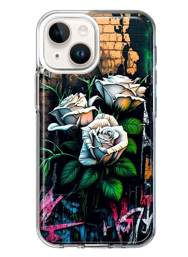 Apple iPhone 14 White Roses Graffiti Wall Art Painting Hybrid Protective Phone Case Cover