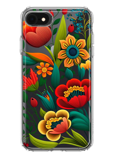 Apple iPhone SE 2nd 3rd Generation Colorful Red Orange Folk Style Floral Vibrant Spring Flowers Hybrid Protective Phone Case Cover