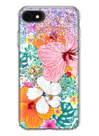 Apple iPhone SE 2nd 3rd Generation Hawaiian Vibes Hibiscus Flowers Monstera Vacation Summer Hybrid Protective Phone Case Cover