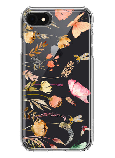 Apple iPhone SE 2nd 3rd Generation Peach Meadow Wildflowers Butterflies Bees Watercolor Floral Hybrid Protective Phone Case Cover