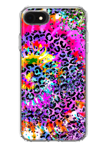 Apple iPhone SE 2nd 3rd Generation Vibrant Pink Purple Tie Dye Summer Leopard Swirl Rainbow Hybrid Protective Phone Case Cover