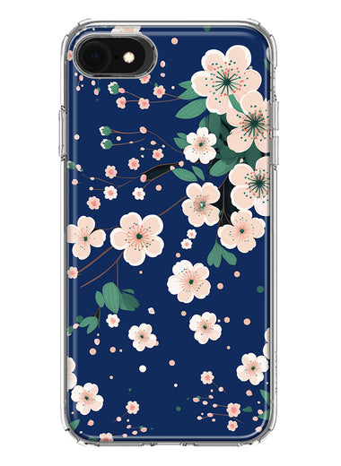 Apple iPhone SE 2nd 3rd Generation Kawaii Japanese Pink Cherry Blossom Navy Blue Hybrid Protective Phone Case Cover