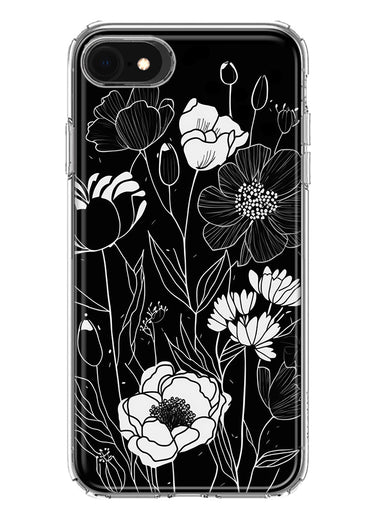 Apple iPhone 6/7/8/SE 2020/SE 3 2022 Line Drawing Art White Floral Flowers Hybrid Protective Phone Case Cover
