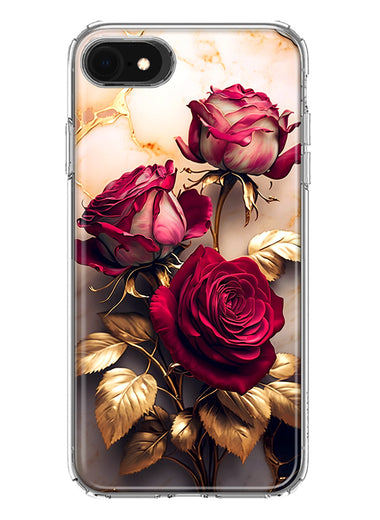 Apple iPhone 6/7/8/SE 2020/SE 3 2022 Romantic Elegant Gold Marble Red Roses Double Layer Phone Case Cover