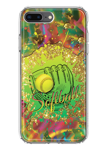 Apple iPhone 8 Plus Love Softball Girls Glove Green Tie Dye Swirl Paint Hybrid Protective Phone Case Cover
